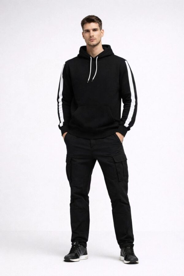 Erkek Şeritli Kapüşonlu Sweatshirt Oversize 3 iplik Pamuklu Hoodie - Siyah