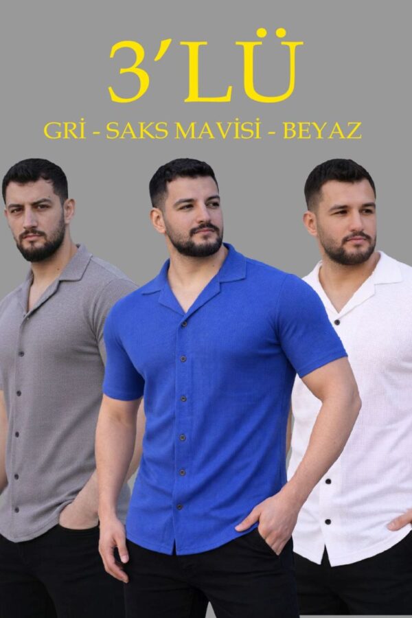 Erkek Waffle Kumaş Yakalı Kısa Kol Düğmeli Gömlek 3’lü Set Gri-Saks Mavisi-Beyaz