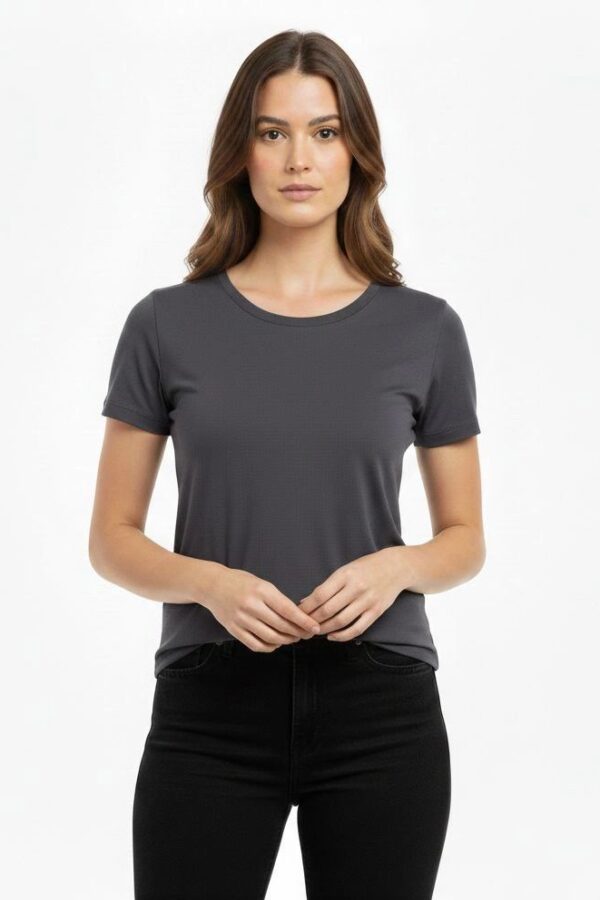 Kadın T-Shirt Bisiklet Yaka Slim Fit Likralı Tişört Yazlık Basic Body - Füme