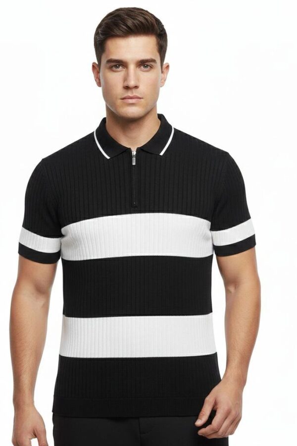 Erkek T-shirt Çizgili Triko Kumaş Polo Yaka Yarım Fermuarlı Kısa Kol Tişört - Siyah