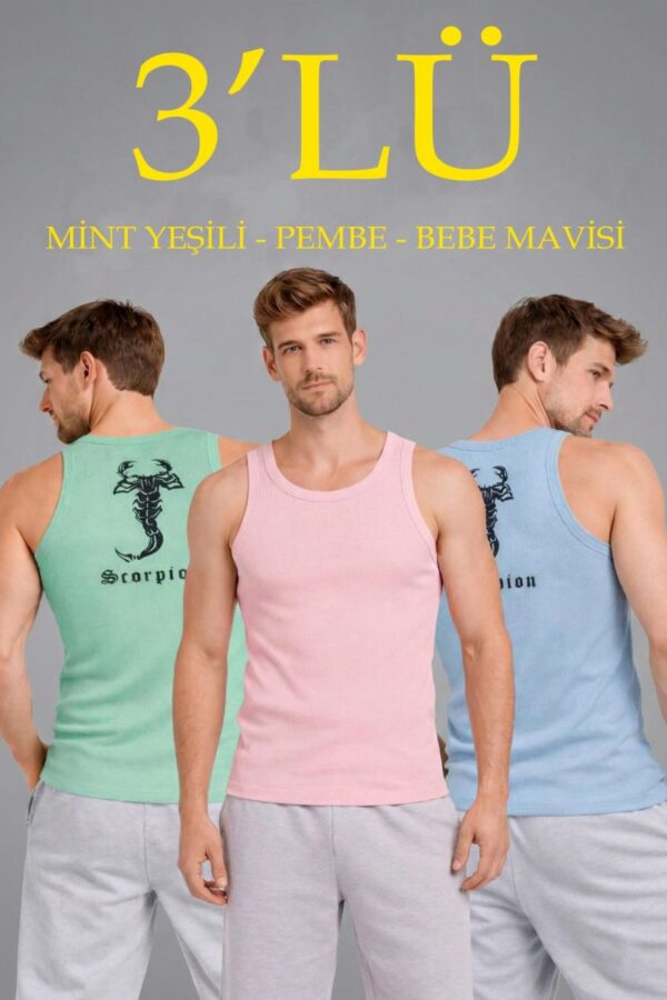 Erkek Spor Fitilli Kaşkorse Arka Basklı Atlet 3'lü Set Mint Yeşili-Pembe-Bebek Mavisi