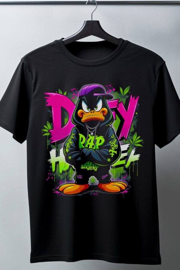Daffy Duck Graffiti Baskılı Unisex Siyah Tişört - 24/1 Penye Pamuklu