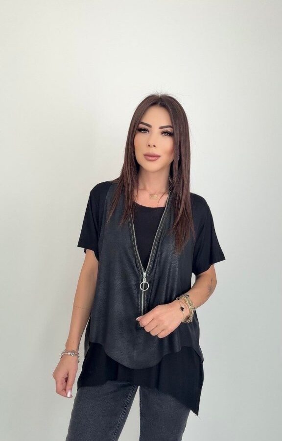 Kadın Kısa Kollu Yuvarlak Yaka Viskon Bluz + Kolsuz Fermuarlı çatlak Deri Yelek