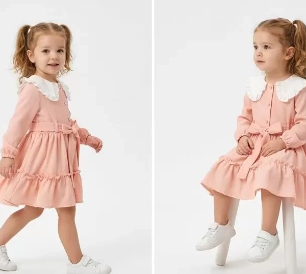 1/5 Yaş Düğme Detaylı Bebe Yaka Çocuk Elbisesi