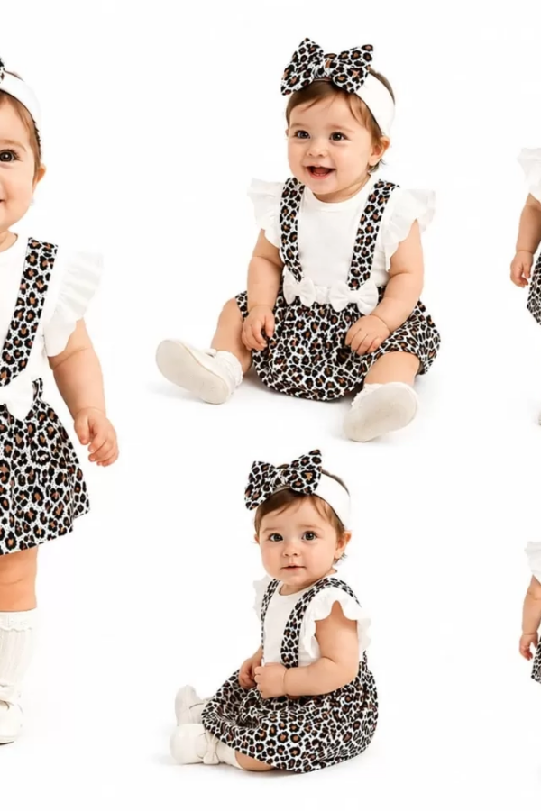 3/12 Ay Bandanalı Zıbınlı Leopar Salopet Bebek Takımı