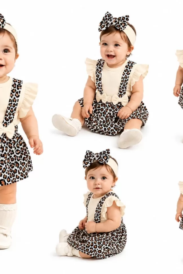 3/12 Ay Bandanalı Zıbınlı Leopar Salopet Bebek Takımı