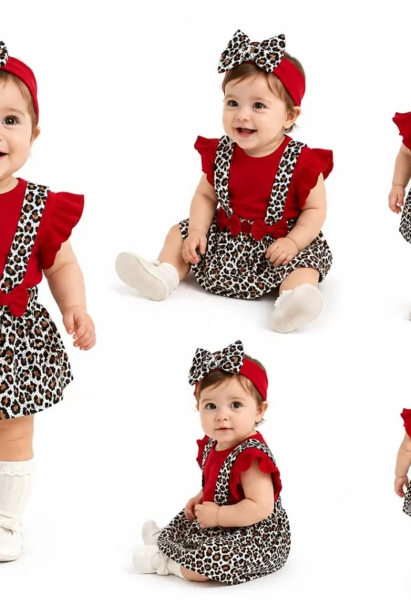 3/12 Ay Bandanalı Zıbınlı Leopar Salopet Bebek Takımı