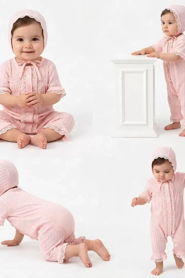 3/12 Ay Şapkalı Dantelli Jakar Kumaş Bebek Tulumu