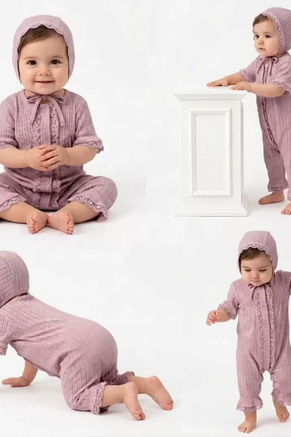 3/12 Ay Şapkalı Dantelli Jakar Kumaş Bebek Tulumu