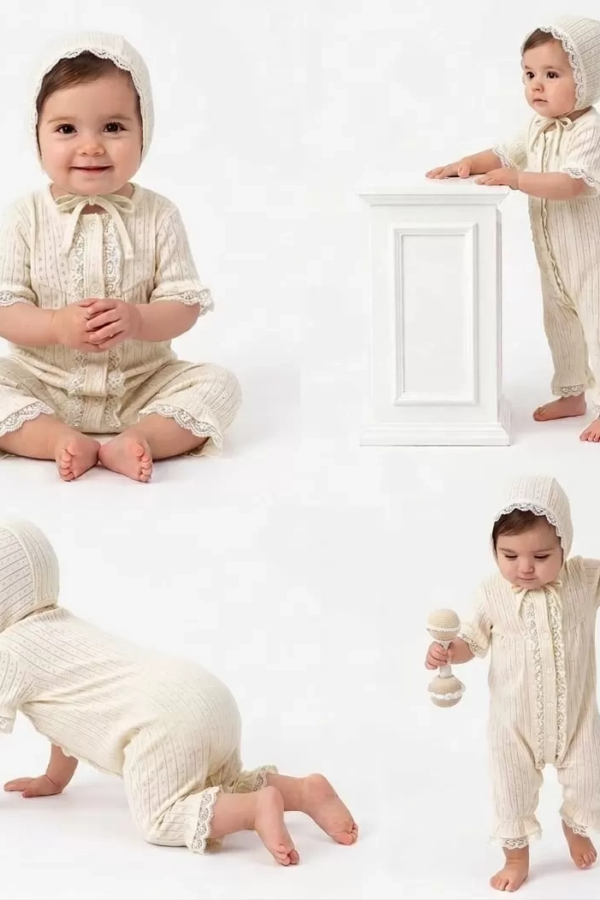 3/12 Ay Şapkalı Dantelli Jakar Kumaş Bebek Tulumu