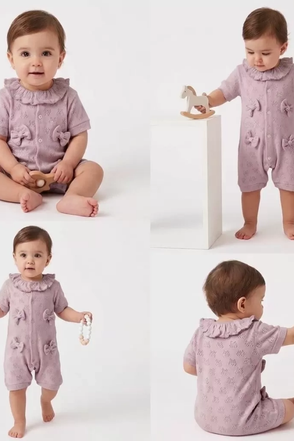 3/12 Ay Yakalı Fiyonklu Jakar Kumaş Bebek Tulumu