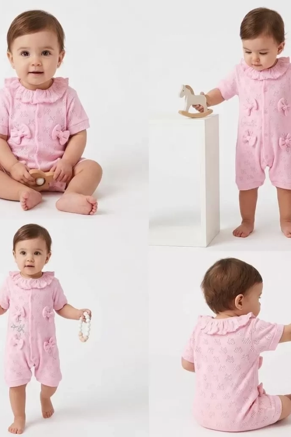 3/12 Ay Yakalı Fiyonklu Jakar Kumaş Bebek Tulumu