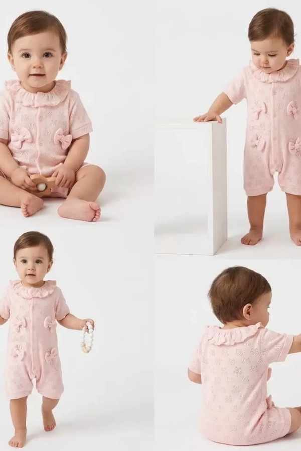 3/12 Ay Yakalı Fiyonklu Jakar Kumaş Bebek Tulumu
