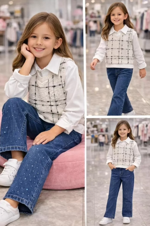 5/10 Yaş Taşlı Kot Pantolon Yelekli Çocuk Takımı