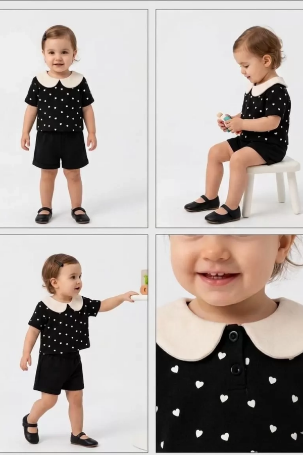 9/24 Ay Bebe Yaka Piti Kalp Baskılı Bebek Takımı