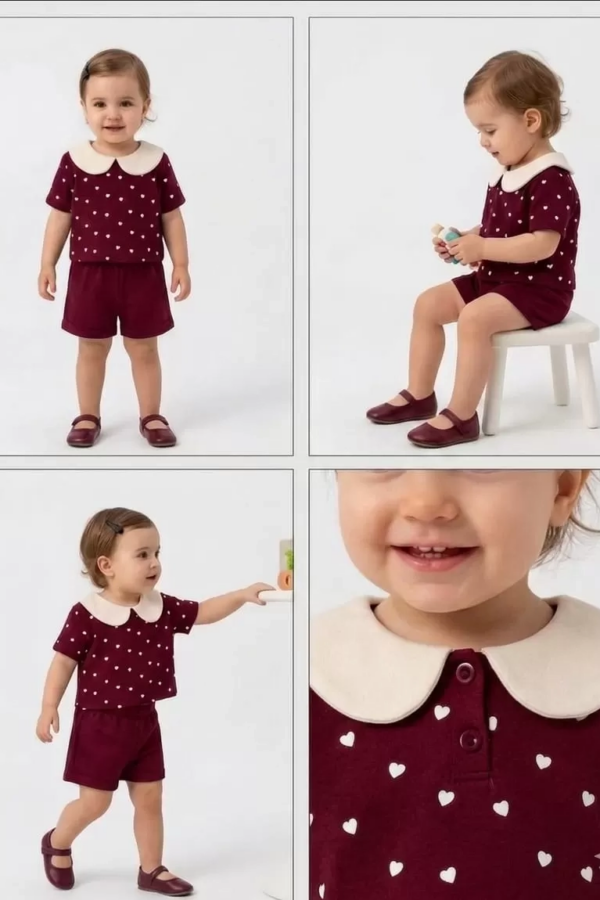 9/24 Ay Bebe Yaka Piti Kalp Baskılı Bebek Takımı