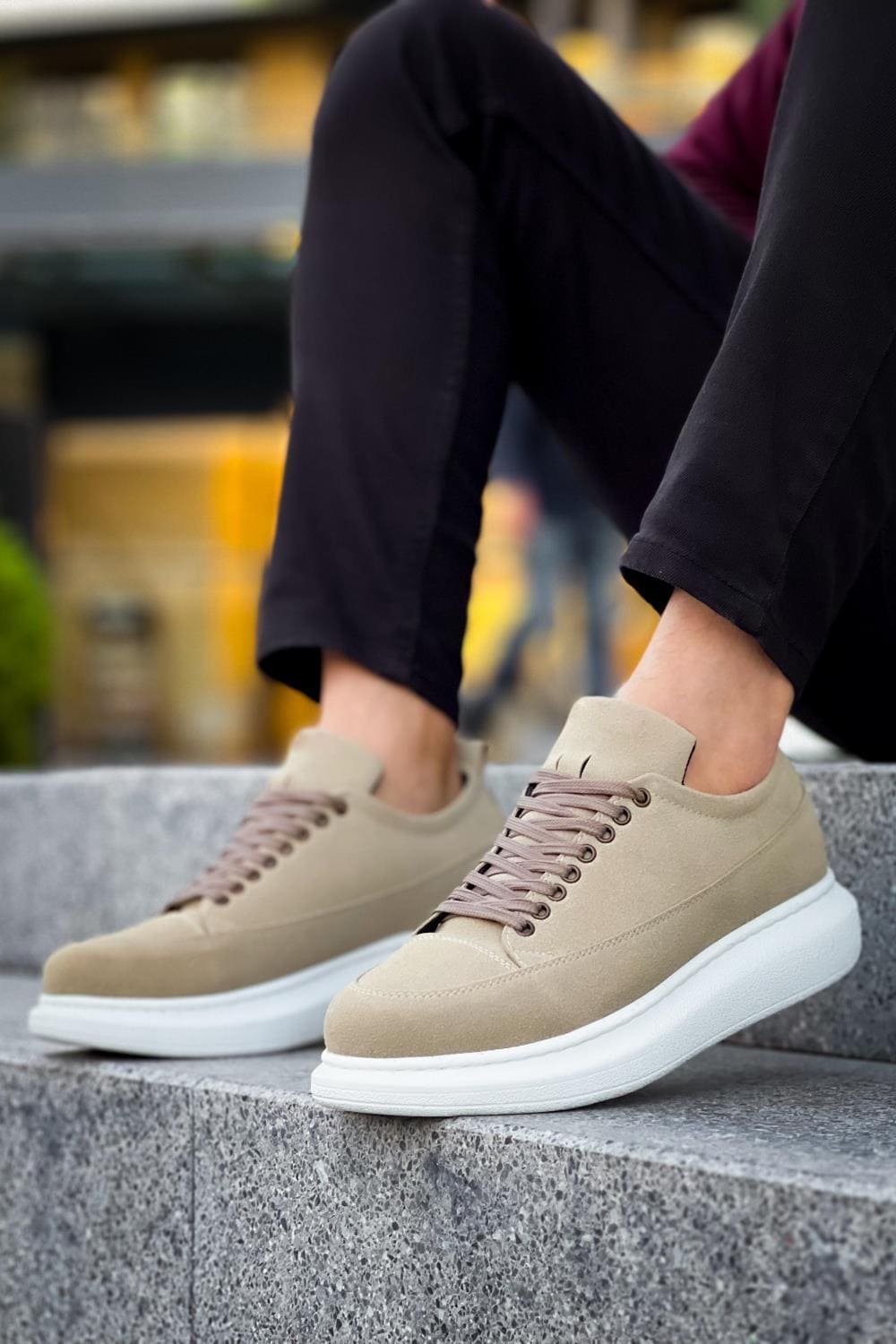 JY814 Axel Bağcıklı Süet Erkek Günlük Sneaker Ayakkabı SBT Krem - Görsel 2