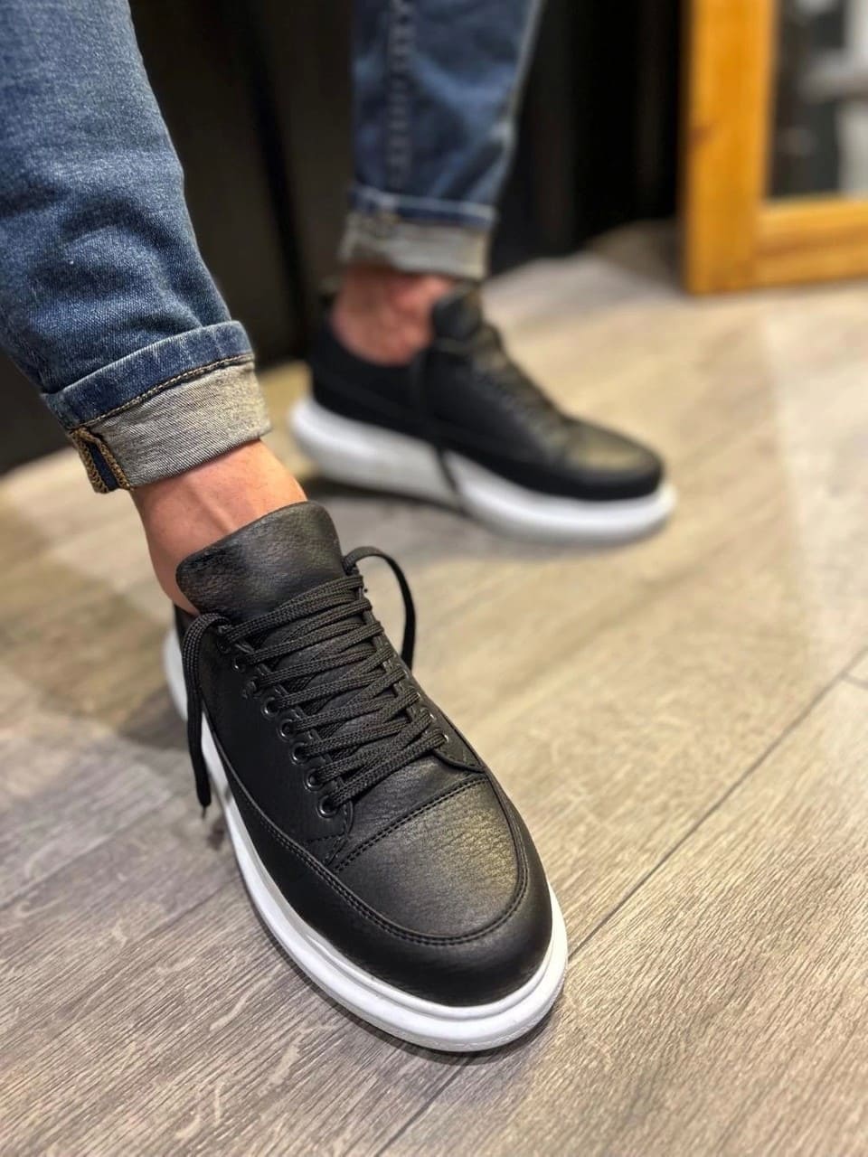 JY914 Drake Bağcıklı Cilt Erkek Günlük Sneaker Ayakkabı CBT Siyah - Görsel 3