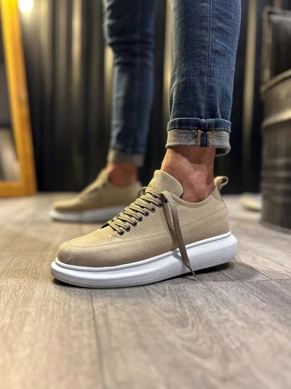 JY914 Drake Bağcıklı Süet Erkek Günlük Sneaker Ayakkabı SBT Krem - Görsel 2