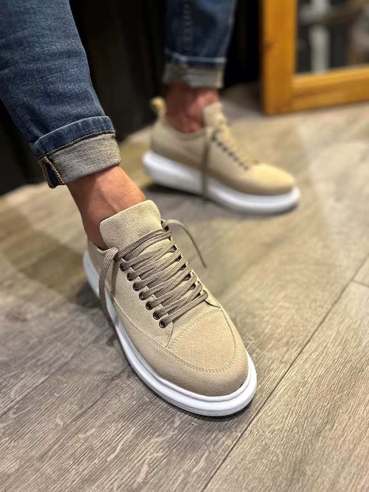 JY914 Drake Bağcıklı Süet Erkek Günlük Sneaker Ayakkabı SBT Krem - Görsel 3