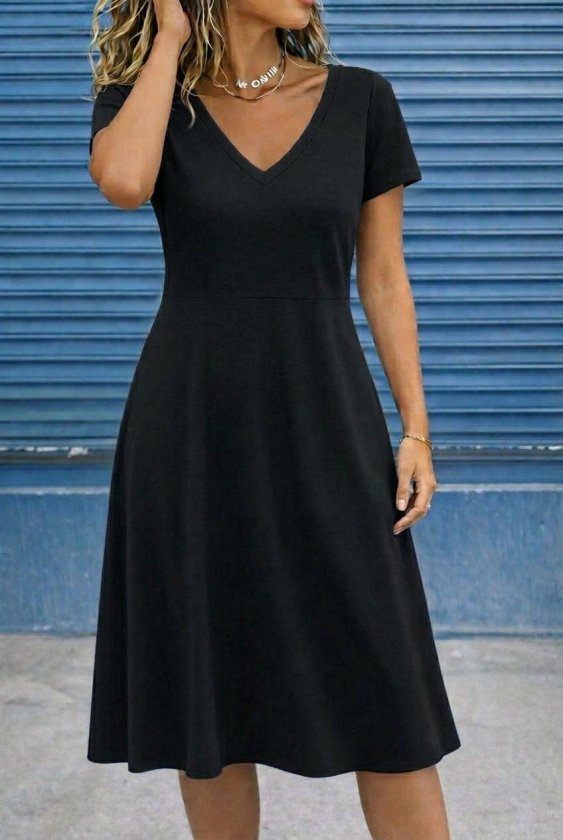 Kadın Kısa Kollu V Yakalı Kiloş Midi Viskon Elbise