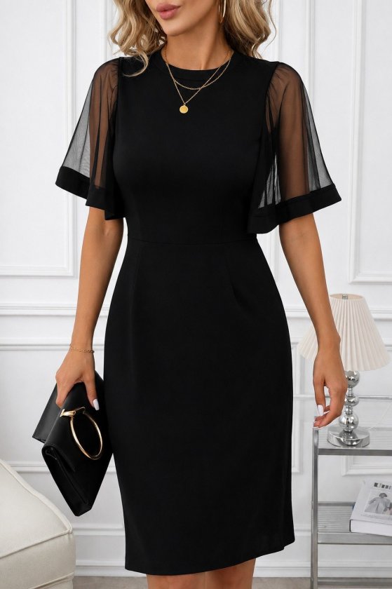 Kadın Kısa Kollu Bisiklet Yakalı Midi Ithal Krep Elbise