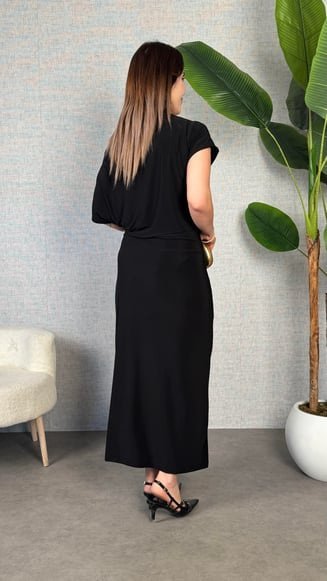 Kadın Kısa Kollu Tek Omuzdan Açık Beli Lastikli Sandy Maxi Elbise - Görsel 5