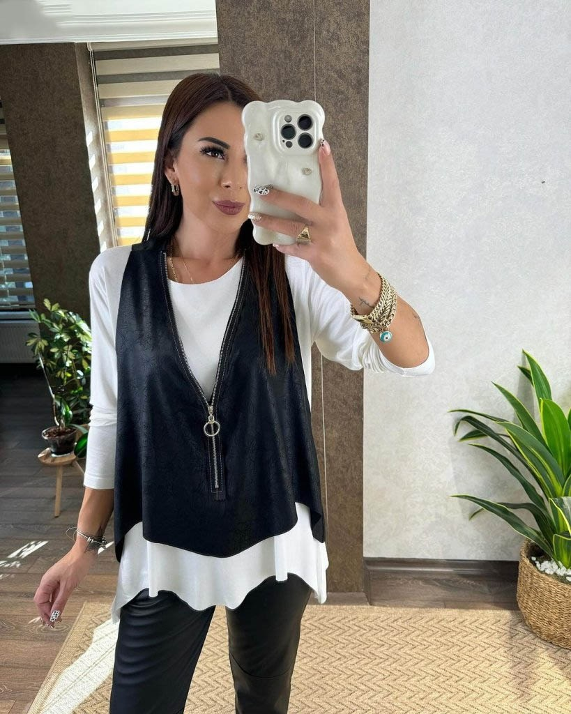 Kadın Uzun Kollu Asimetrik Kesim Viskon Bluz Ve çatlak Deri Görünümlü Yelek Ikili Takım - Görsel 3