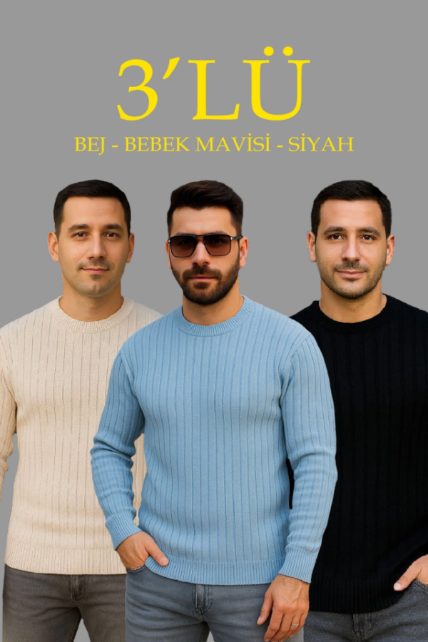 Erkek Fitilli Triko Kazak 3’lü Set – Bej, Bebek Mavisi, SiyahKalın Dokuma Pamuklu Regular Fit Bisiklet Yaka Uzun Kollu Kışlık Ve Baharlık Rahat Triko Kombini