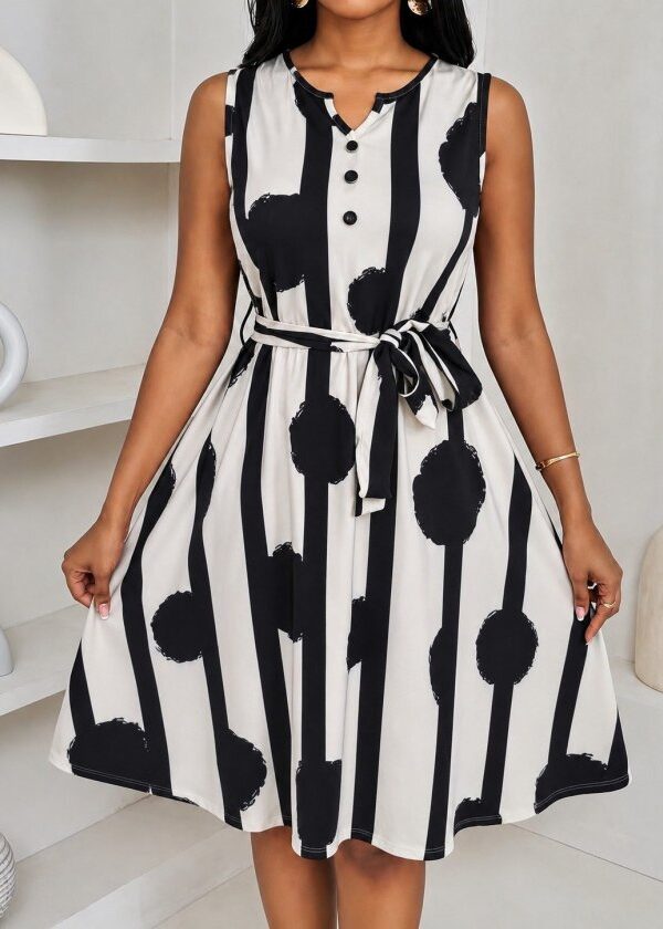 Kadın Kolsuz V Yakalı Beli Kuşaklı Desenli Kısa Süprem Elbise