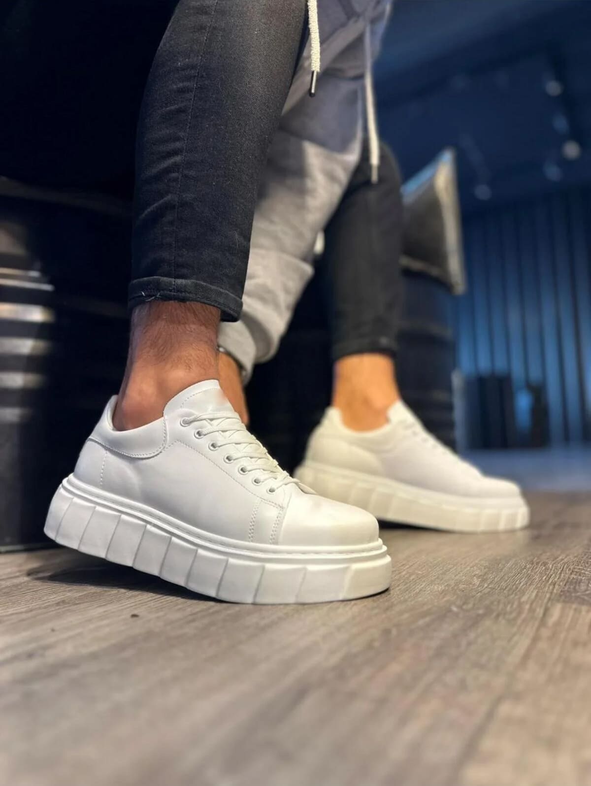 JY144 Volt Bağcıklı Cilt Erkek Günlük Sneaker Yüksek Taban Ayakkabı CBT Beyaz - Görsel 2