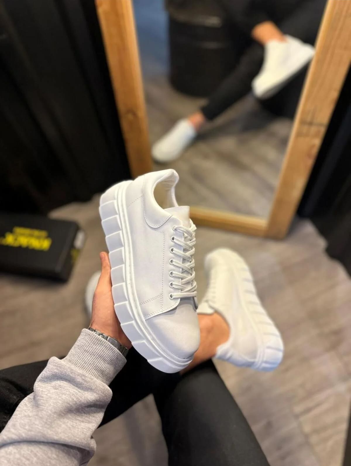 JY144 Volt Bağcıklı Cilt Erkek Günlük Sneaker Yüksek Taban Ayakkabı CBT Beyaz - Görsel 3