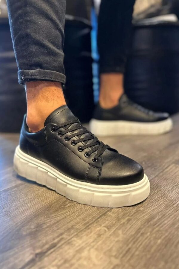 JY144 Volt Bağcıklı Cilt Erkek Günlük Sneaker Yüksek Taban Ayakkabı CBT Siyah