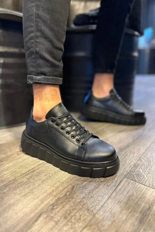JY144 Volt Bağcıklı Cilt Erkek Günlük Sneaker Yüksek Taban Ayakkabı CST Siyah
