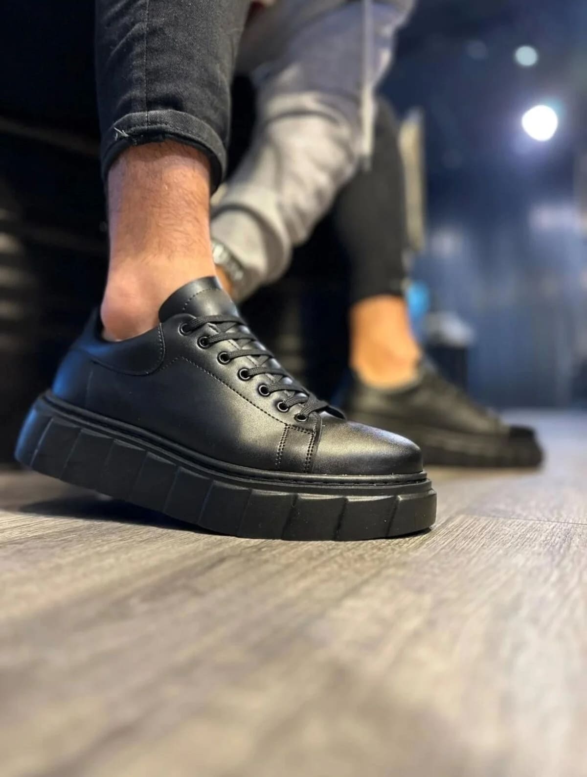 JY144 Volt Bağcıklı Cilt Erkek Günlük Sneaker Yüksek Taban Ayakkabı CST Siyah - Görsel 2