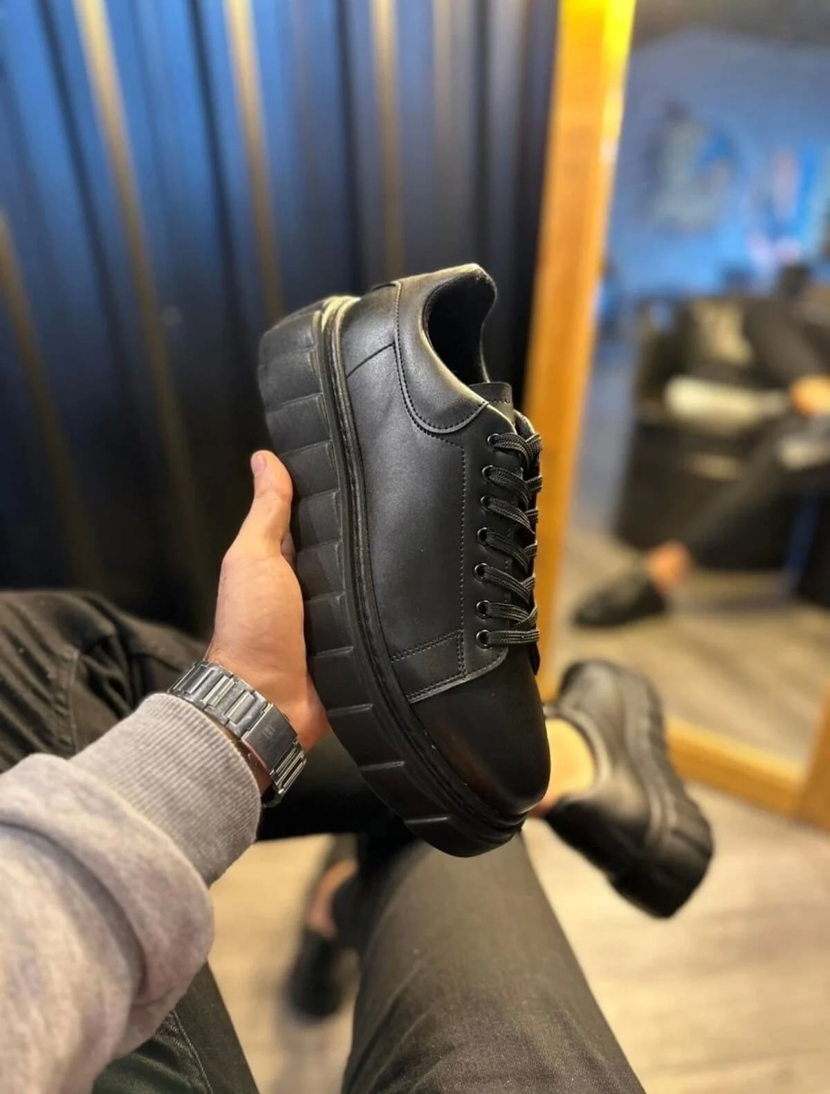 JY144 Volt Bağcıklı Cilt Erkek Günlük Sneaker Yüksek Taban Ayakkabı CST Siyah - Görsel 3