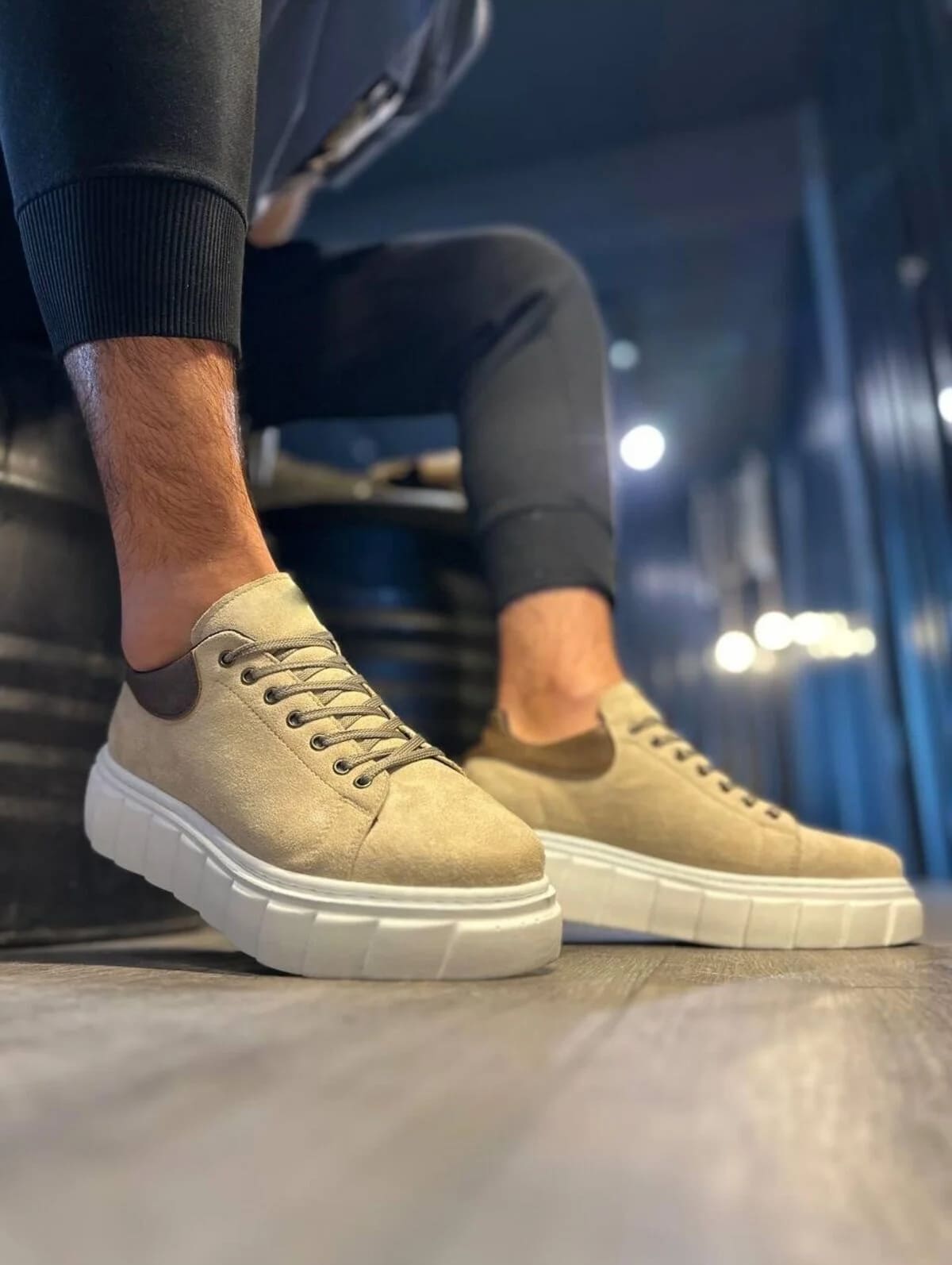 JY144 Volt Bağcıklı Süet Erkek Günlük Sneaker Yüksek Taban Ayakkabı SBT Krem - Görsel 2