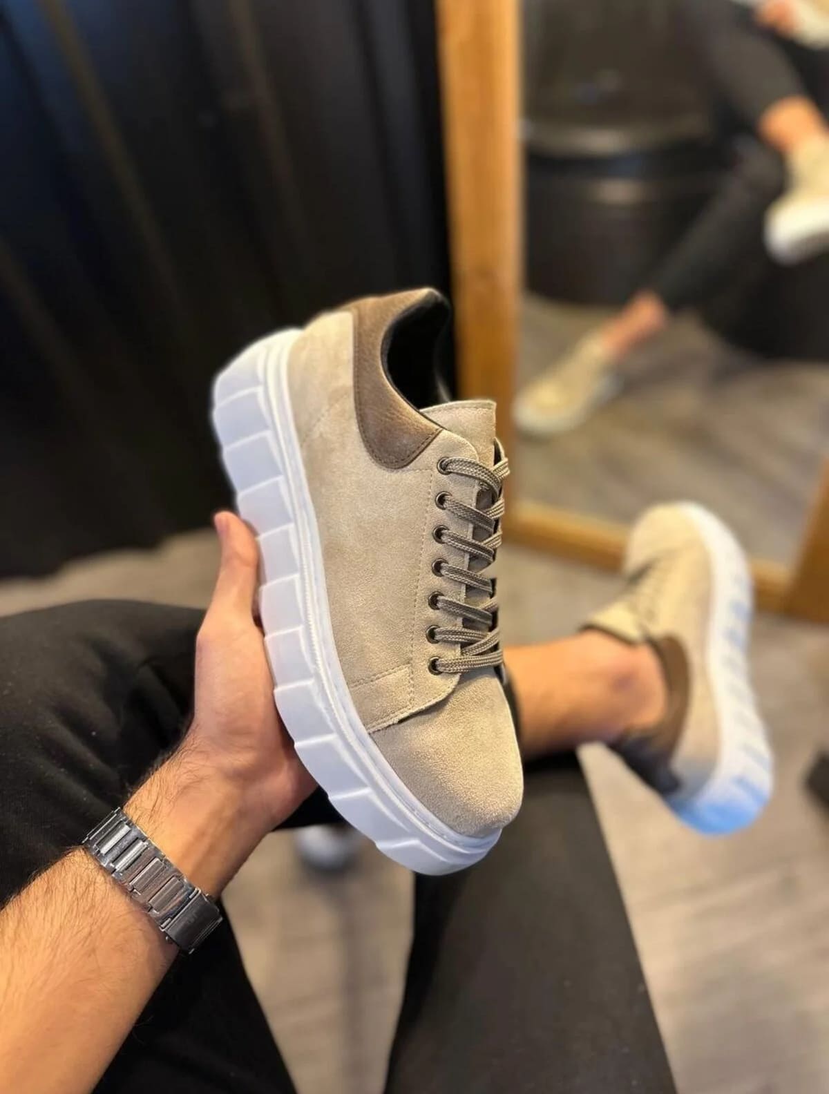 JY144 Volt Bağcıklı Süet Erkek Günlük Sneaker Yüksek Taban Ayakkabı SBT Krem - Görsel 3