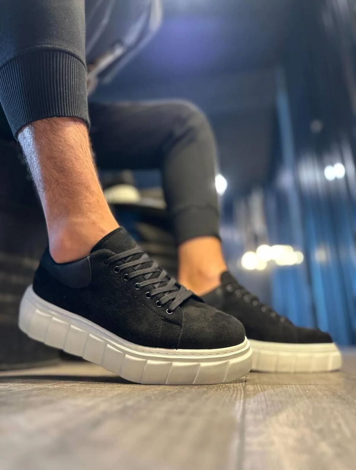 JY144 Volt Bağcıklı Süet Erkek Günlük Sneaker Yüksek Taban Ayakkabı SBT Siyah - Görsel 2