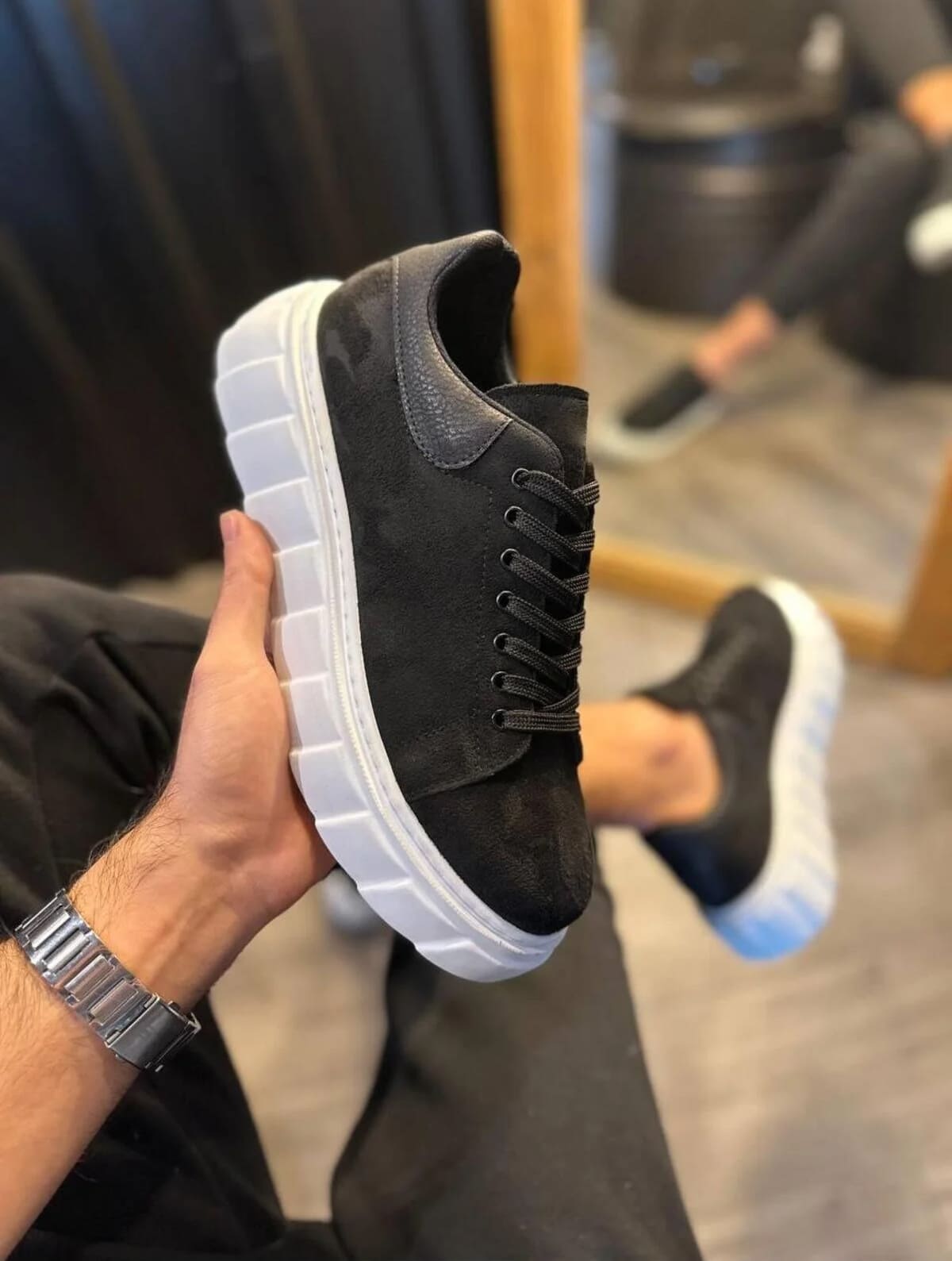 JY144 Volt Bağcıklı Süet Erkek Günlük Sneaker Yüksek Taban Ayakkabı SBT Siyah - Görsel 3