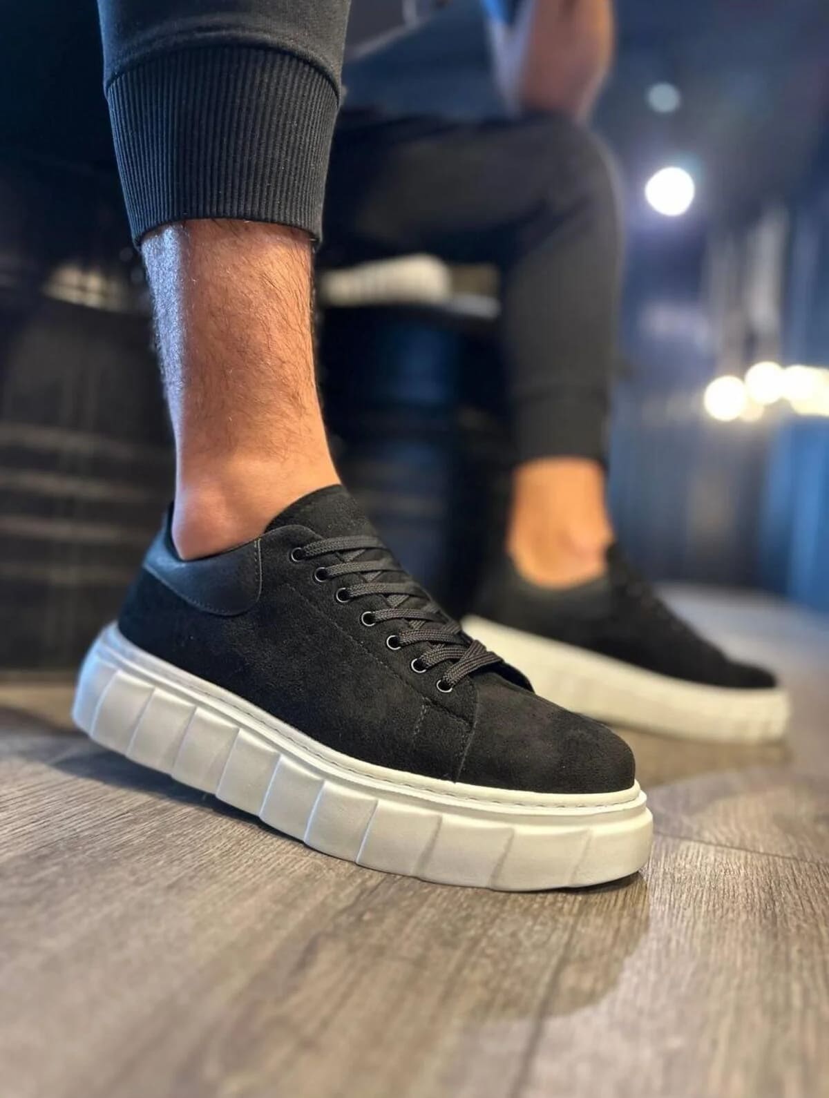 JY144 Volt Bağcıklı Süet Erkek Günlük Sneaker Yüksek Taban Ayakkabı SBT Siyah
