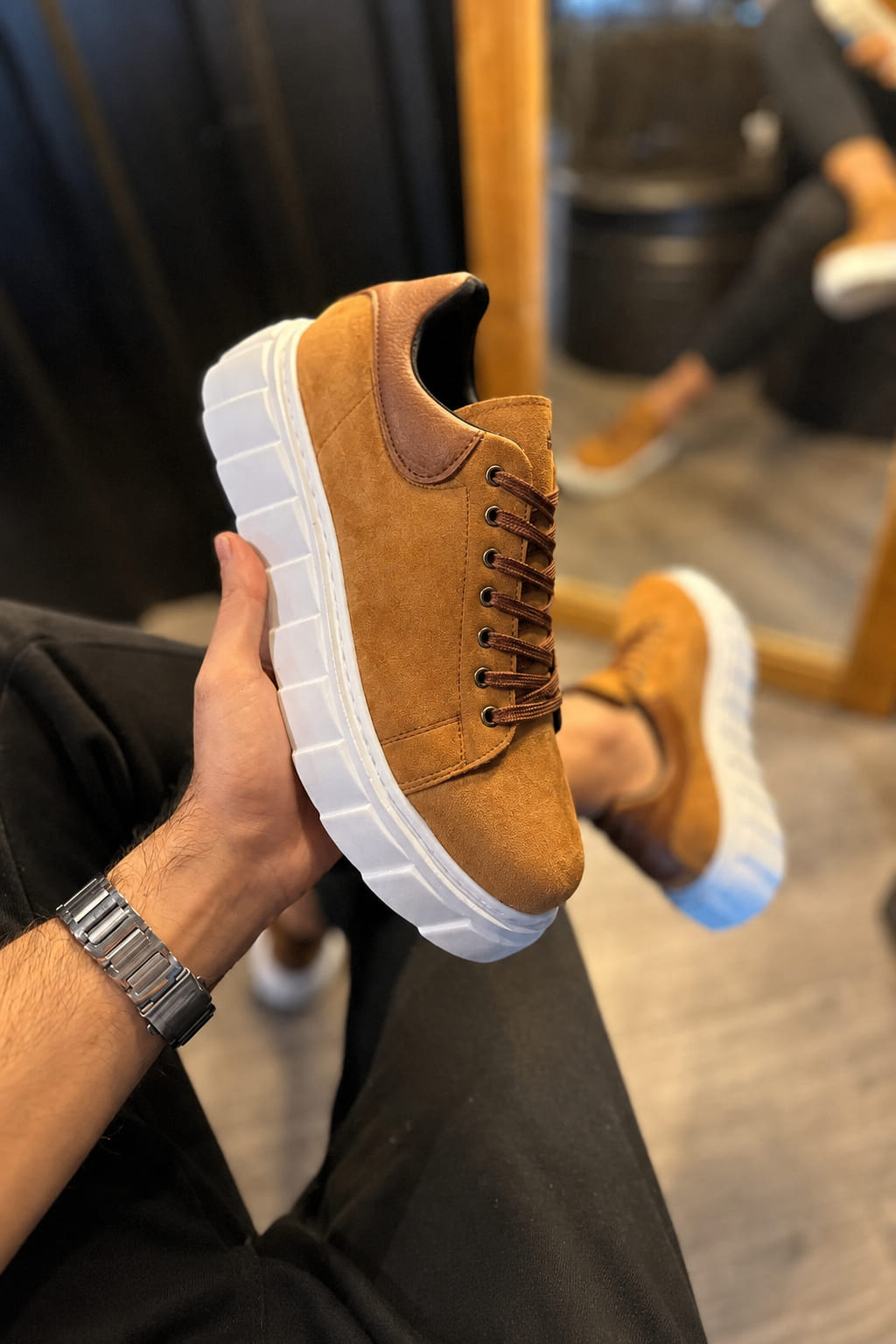 JY144 Volt Bağcıklı Süet Erkek Günlük Sneaker Yüksek Taban Ayakkabı SBT Taba - Görsel 3