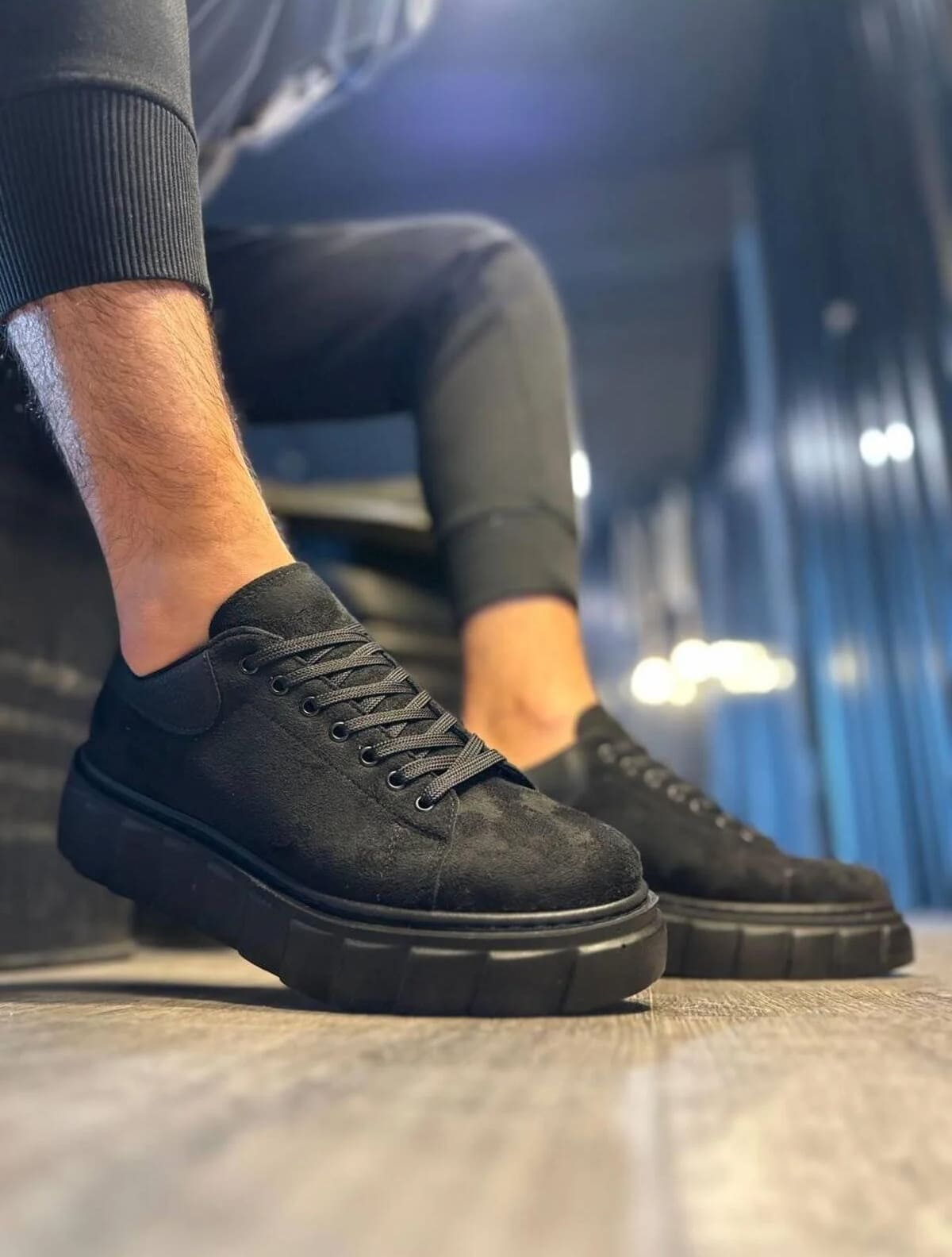JY144 Volt Bağcıklı Süet Erkek Günlük Sneaker Yüksek Taban Ayakkabı SST Siyah - Görsel 2