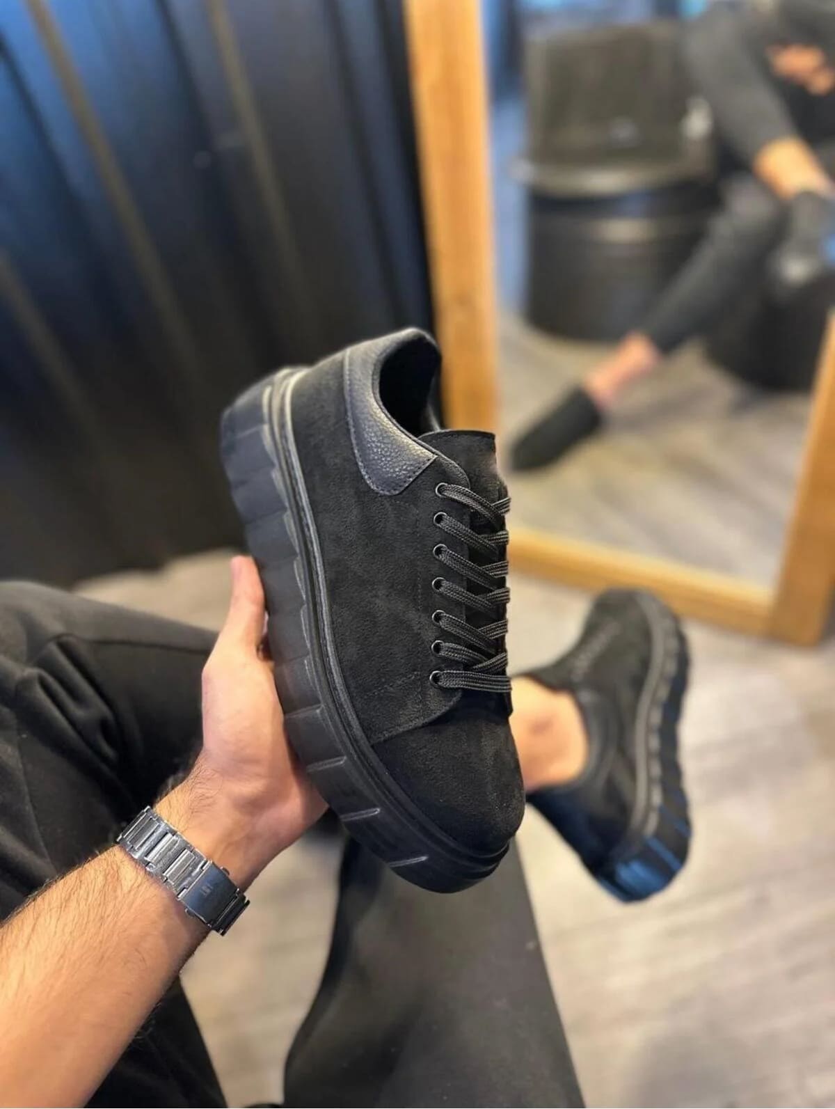 JY144 Volt Bağcıklı Süet Erkek Günlük Sneaker Yüksek Taban Ayakkabı SST Siyah - Görsel 3