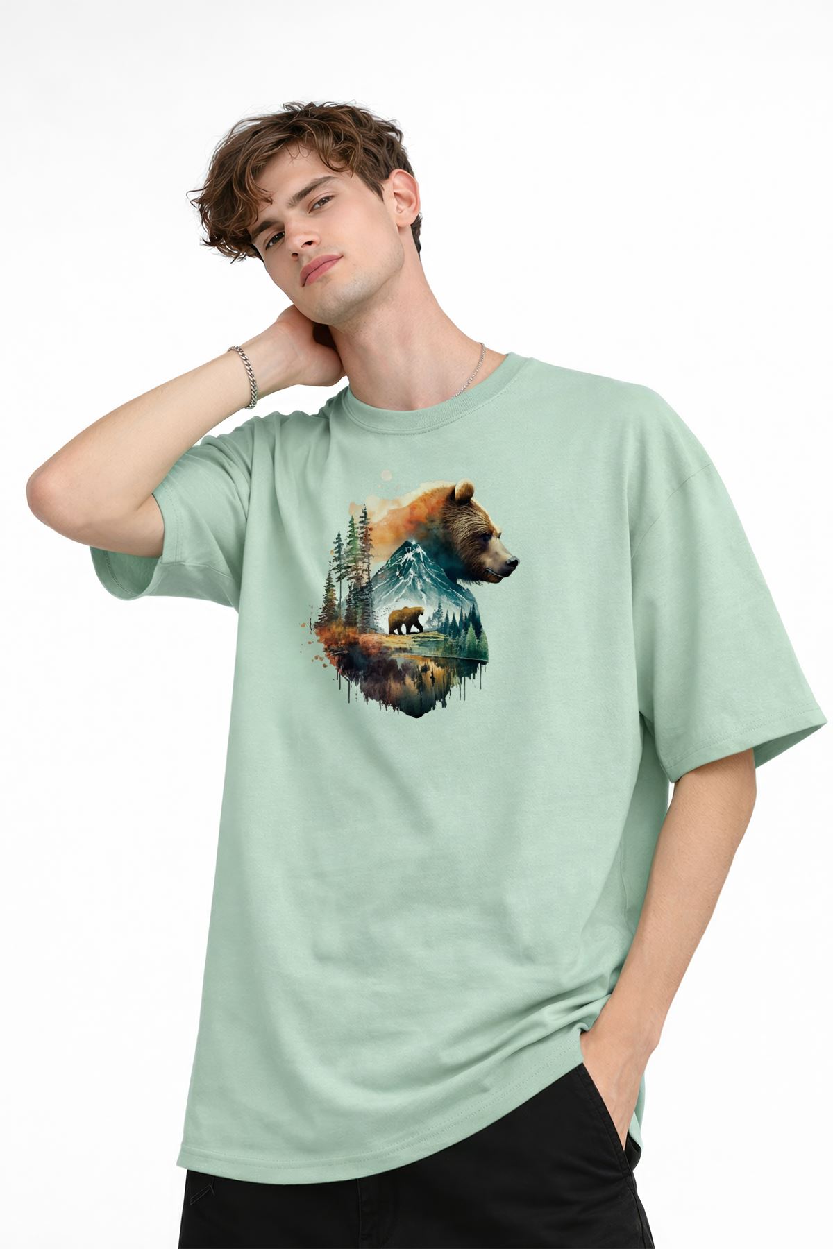 Bear2 - Oversize Tişört SU YESILI - Görsel 3