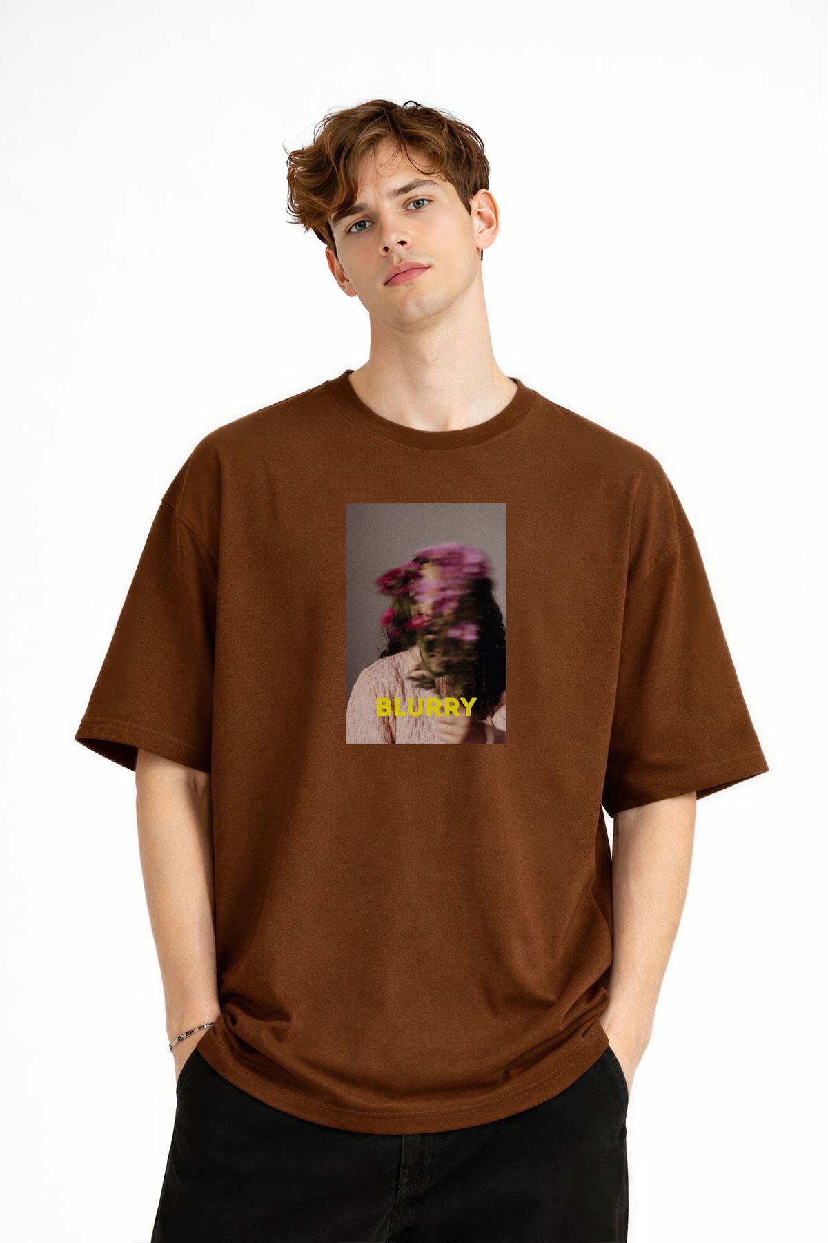 Blurry - Oversize Erkek Tişört KAHVE - Görsel 3