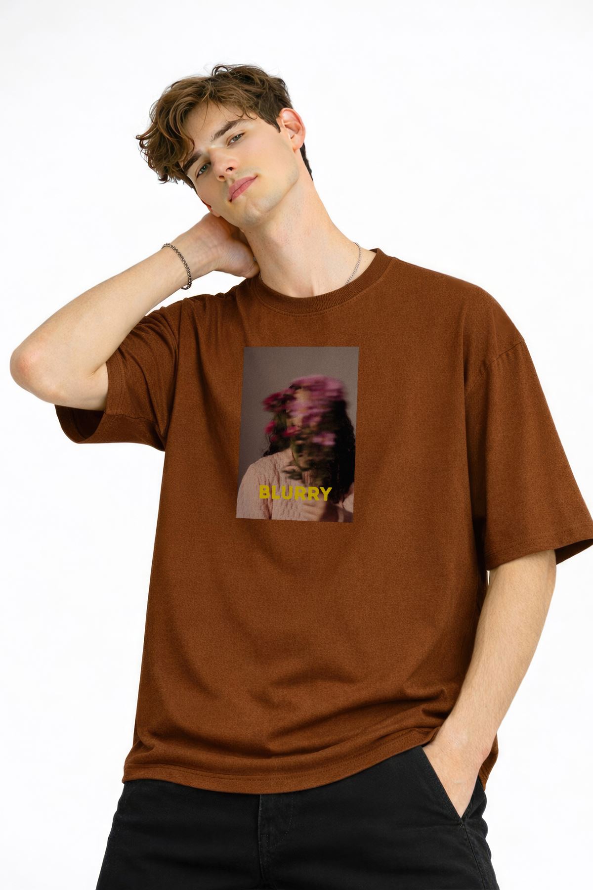 Blurry - Oversize Erkek Tişört KAHVE - Görsel 4