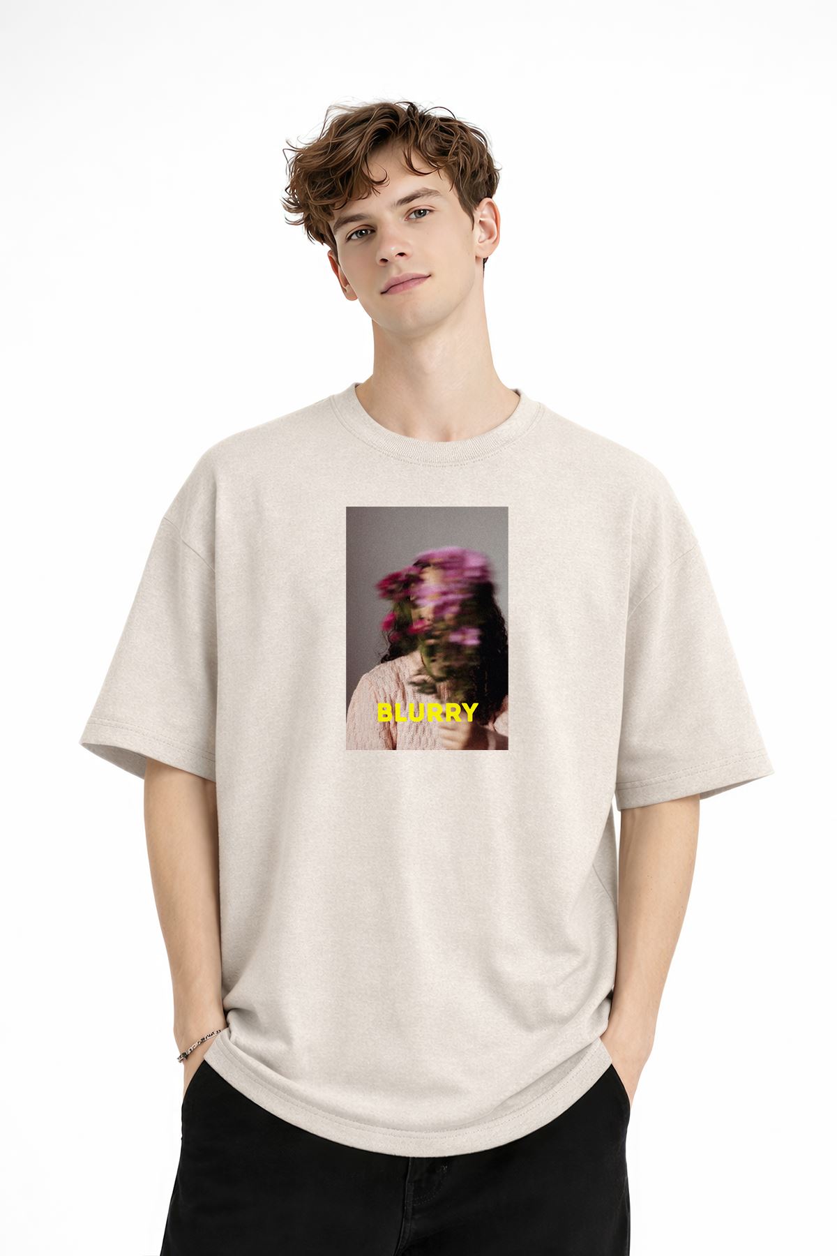Blurry - Oversize Erkek Tişört BEJ - Görsel 2