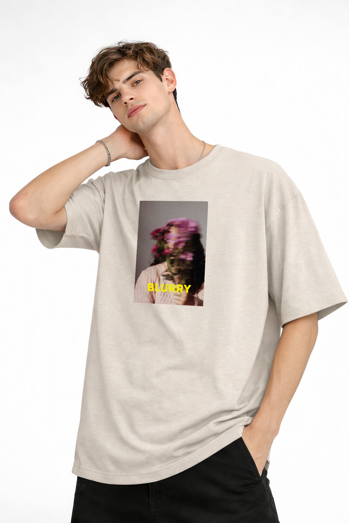 Blurry - Oversize Erkek Tişört BEJ - Görsel 3