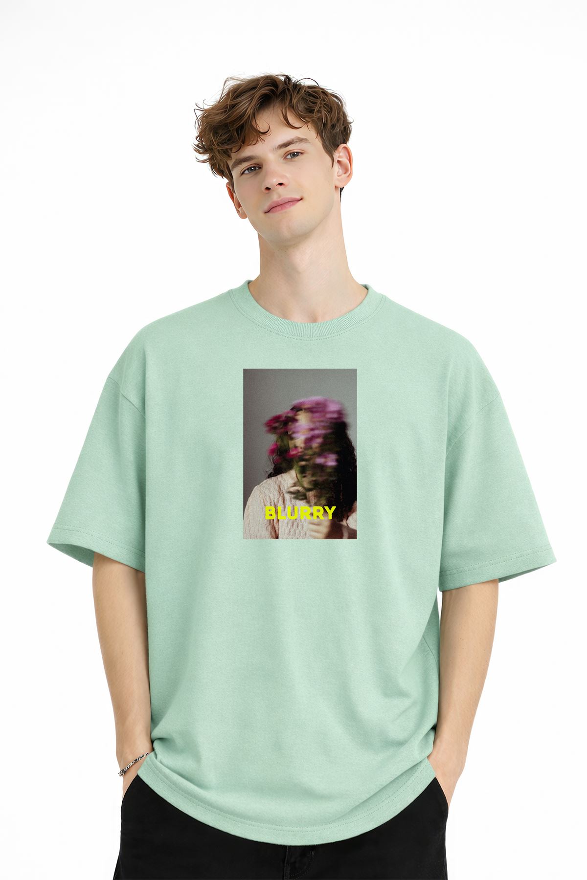 Blurry - Oversize Erkek Tişört SU YESILI - Görsel 2